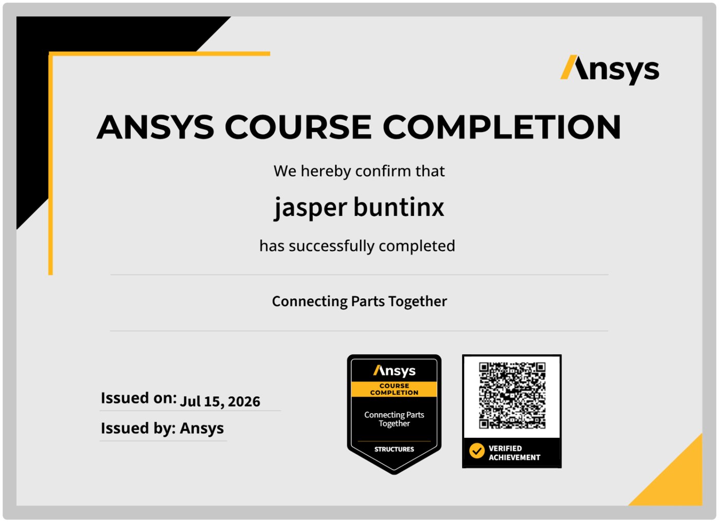 Ansys course completion: Connecting Parts Together