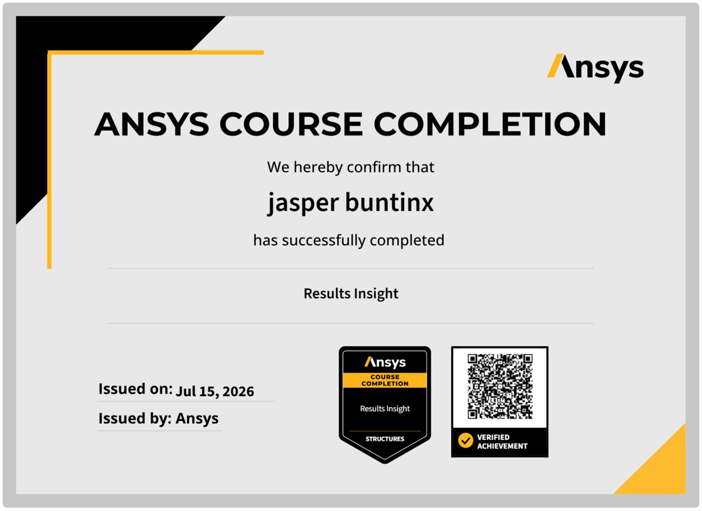 Ansys course completion: Results Insight