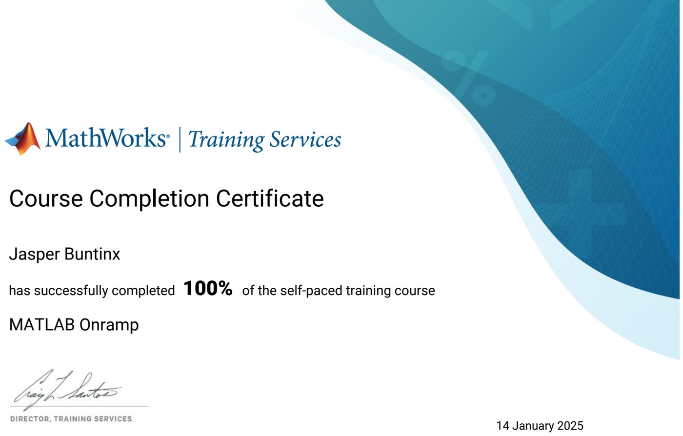 MathWorks Training Services certificate: MATLAB Onramp