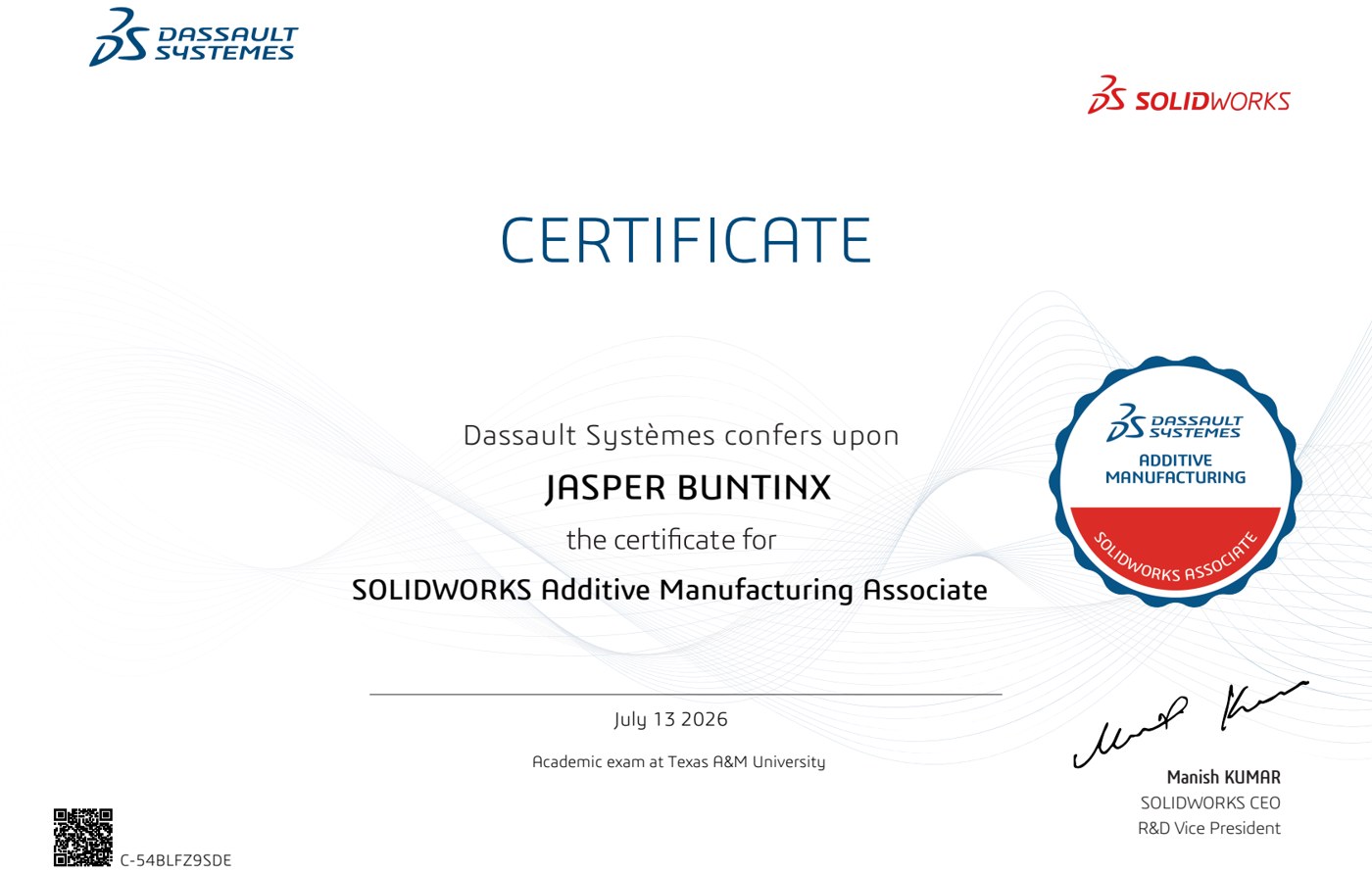 SOLIDWORKS Additive Manufacturing Associate certificate