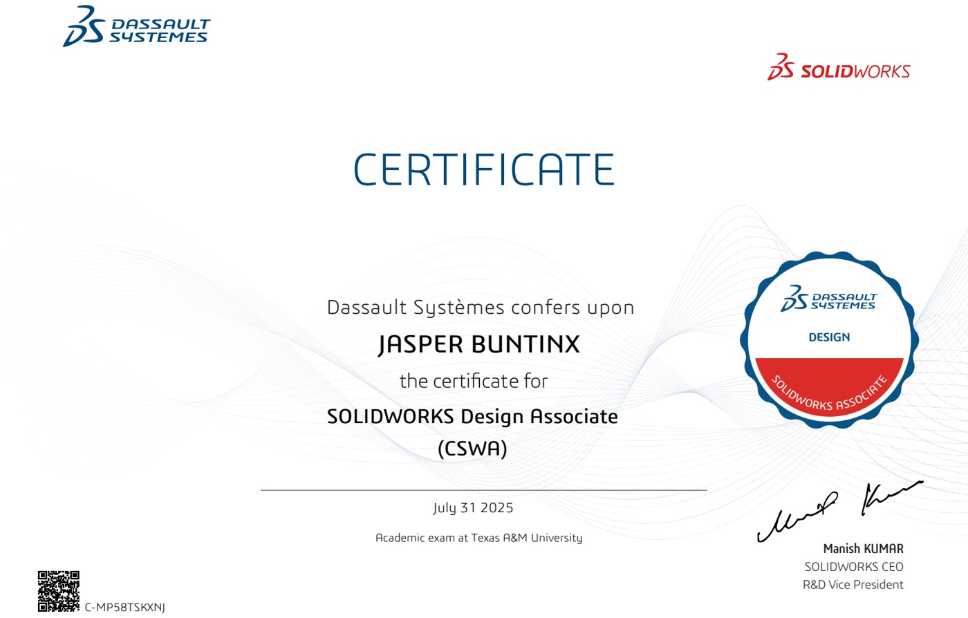 SOLIDWORKS Design Associate (CSWA) certificate