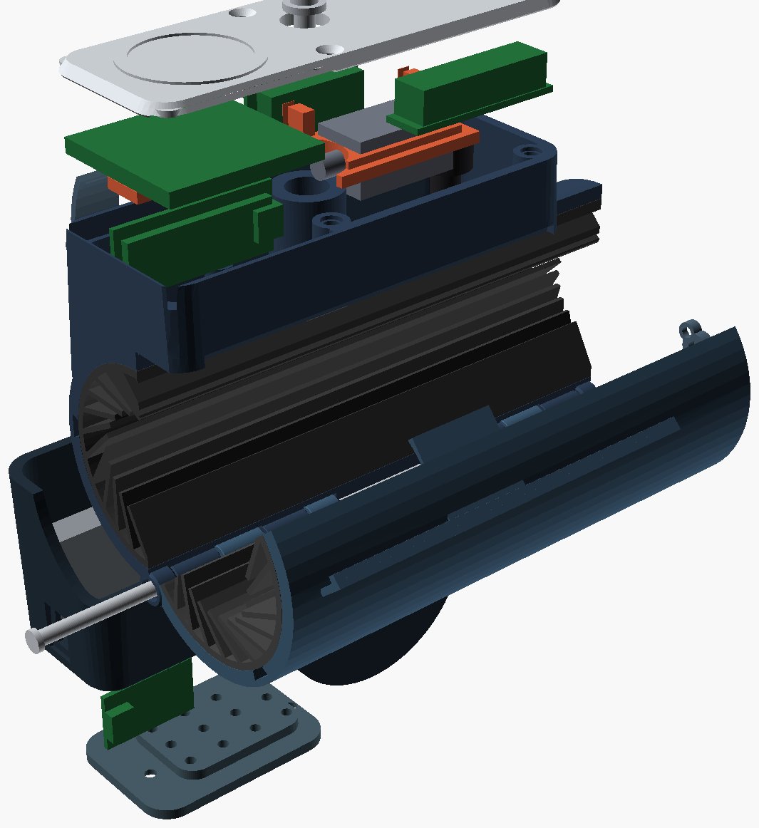 Colored exploded view of bike lock revision v.08 showing the control boards, motor, drive components, and mounting foot