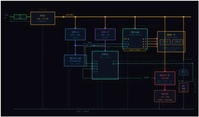Extruder control schematic: 24 V supply, buck converters, ESP32, TMC2208 stepper driver, NEMA 17, and MOSFET-switched heater