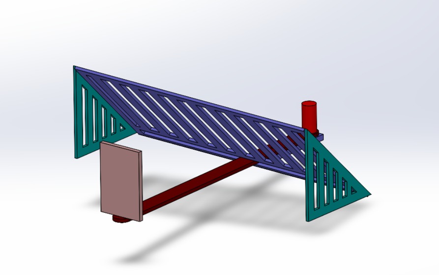 SolidWorks CAD of the goal assembly with diagonal-truss backboard, triangular end stands, goalie post, and sliding goalie block