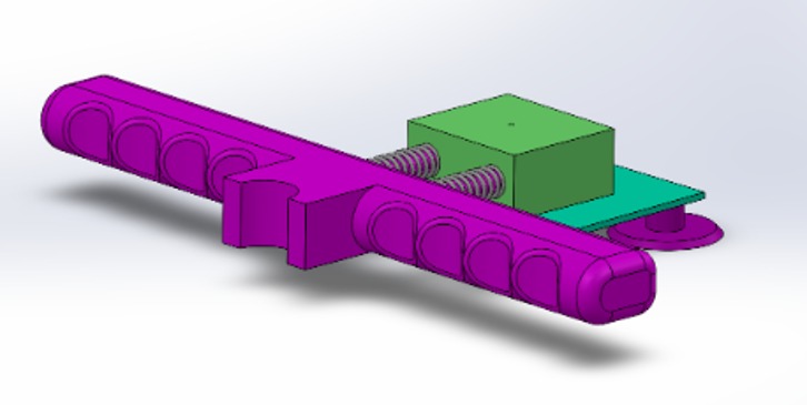 SolidWorks CAD of the shooter assembly with grip body, twin guide rods, plunger block on a compression spring, and suction-cup base