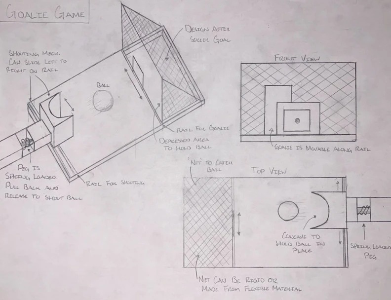 Early hand-drawn concept sketch of the tabletop soccer game