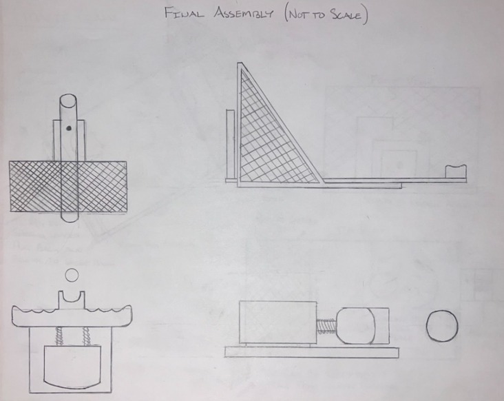 Hand-drawn final-assembly sketch showing the launcher, goal, and goalie together