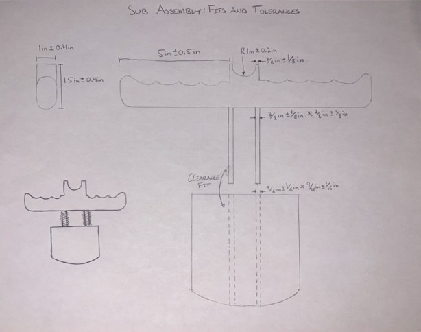 Hand-drawn sub-assembly sketch with dimensioned fits and tolerances for the shooting mechanism