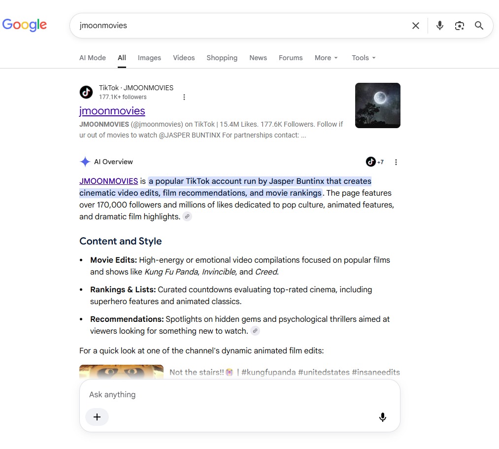 Google search for jmoonmovies with an AI Overview describing the account run by Jasper Buntinx